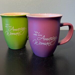 Set of 2 Abbey Press “You Are An Amazing Woman” Stoneware Mugs ~ Green & Purple